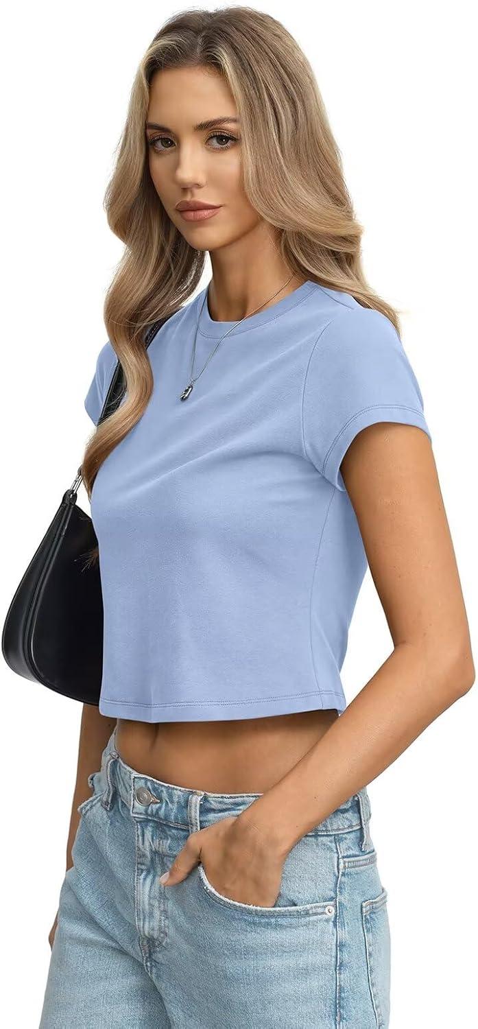 image:imageWomens Cotton T Shirts Basic Baby Tee Crop Tops Crewneck Slim Fit Short Sleeves Tee Summer Cute Clothes 2026Baby Blue