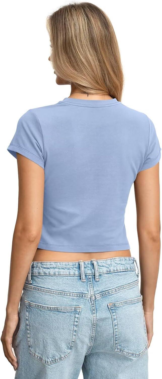 image:imageWomens Cotton T Shirts Basic Baby Tee Crop Tops Crewneck Slim Fit Short Sleeves Tee Summer Cute Clothes 2026Baby Blue