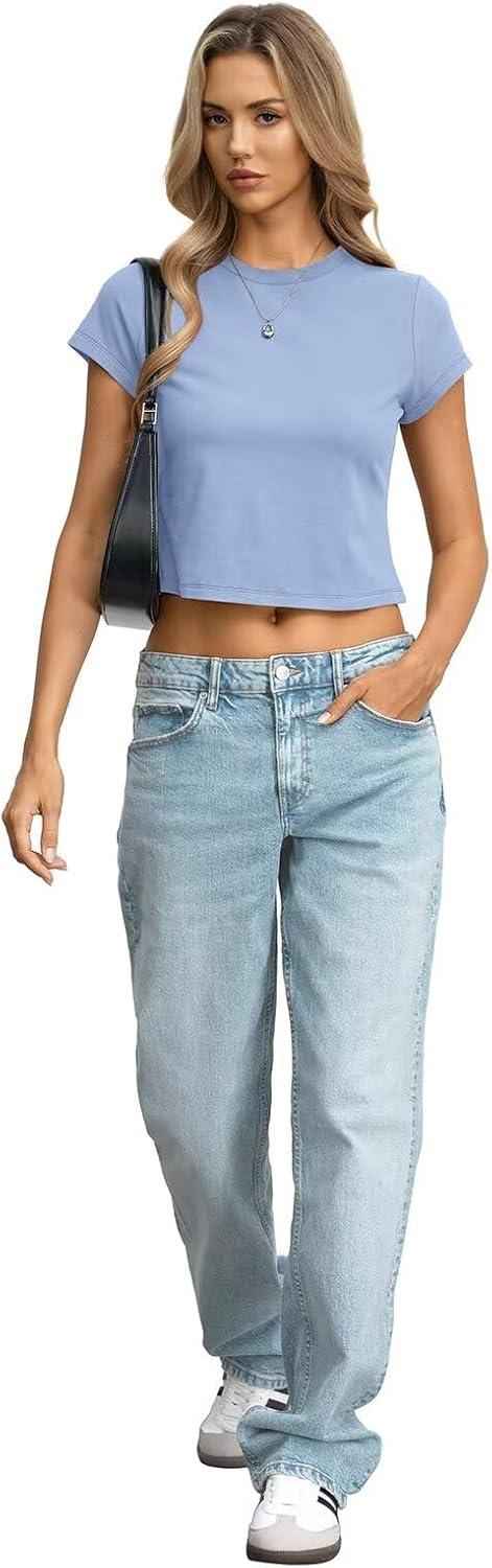 image:imageWomens Cotton T Shirts Basic Baby Tee Crop Tops Crewneck Slim Fit Short Sleeves Tee Summer Cute Clothes 2026Baby Blue