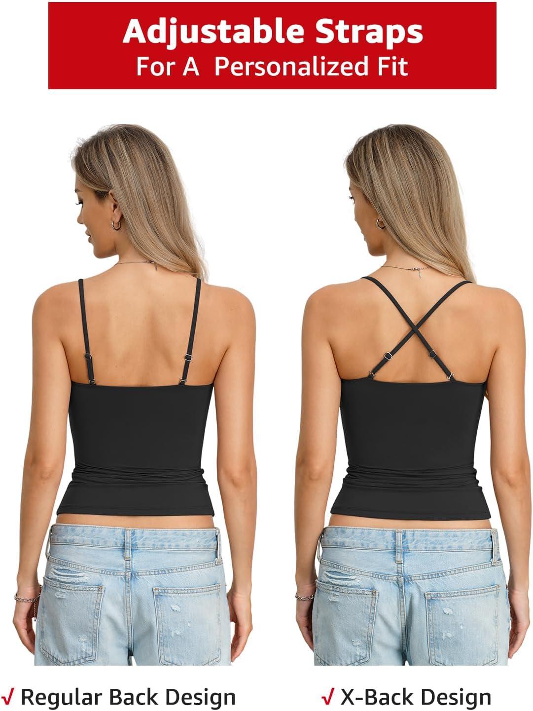 image:imageWomens Double Lined Camisole Square Neck Spaghetti Strap Tank Top Sexy Backless Shirt Fitted Y2K Going Out TopBlack