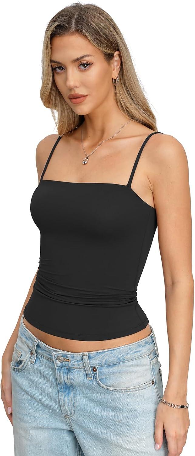 image:imageWomens Double Lined Camisole Square Neck Spaghetti Strap Tank Top Sexy Backless Shirt Fitted Y2K Going Out TopBlack