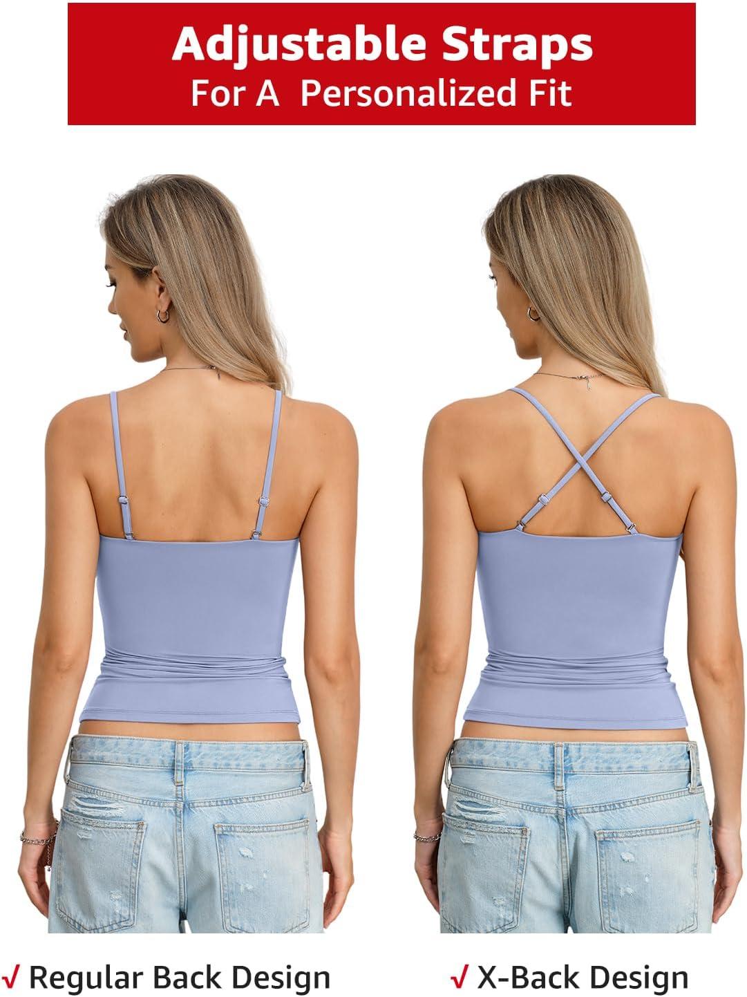 image:imageWomens Double Lined Camisole Square Neck Spaghetti Strap Tank Top Sexy Backless Shirt Fitted Y2K Going Out TopLight Blue