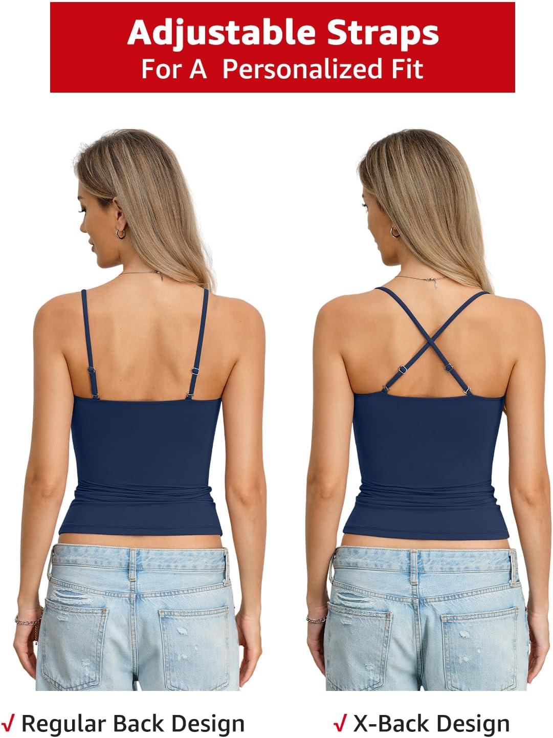 image:imageWomens Double Lined Camisole Square Neck Spaghetti Strap Tank Top Sexy Backless Shirt Fitted Y2K Going Out TopNavy Blue