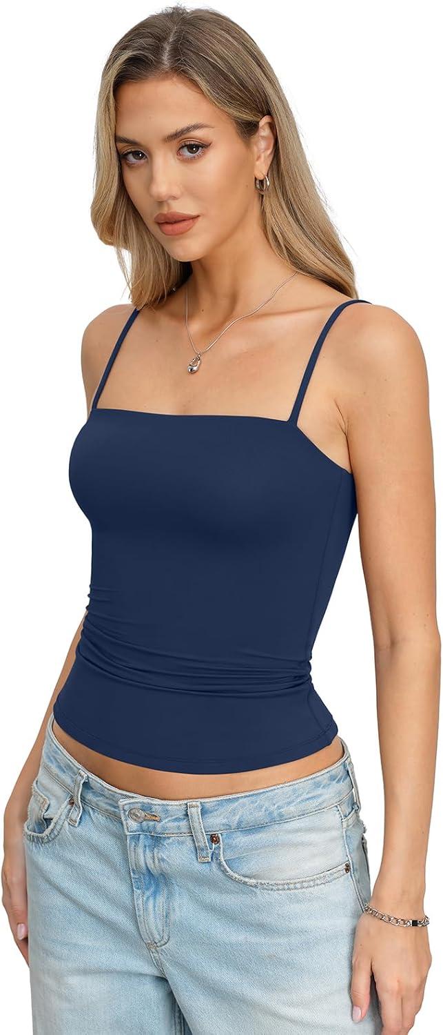 image:imageWomens Double Lined Camisole Square Neck Spaghetti Strap Tank Top Sexy Backless Shirt Fitted Y2K Going Out TopNavy Blue