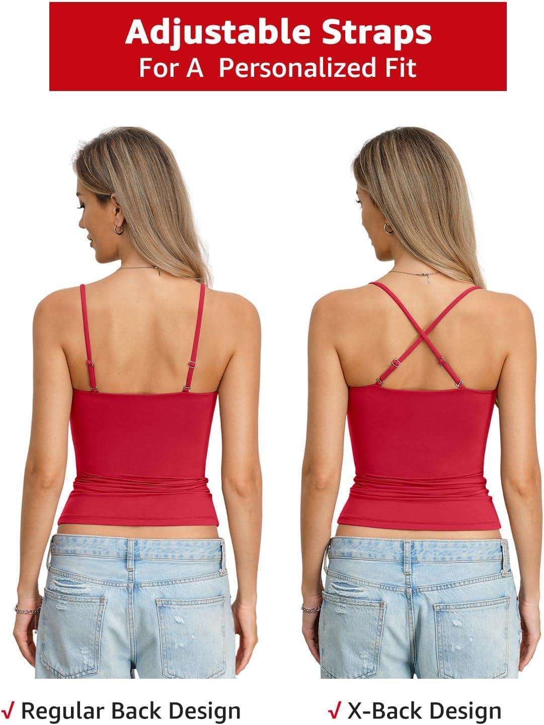 image:imageWomens Double Lined Camisole Square Neck Spaghetti Strap Tank Top Sexy Backless Shirt Fitted Y2K Going Out TopRed