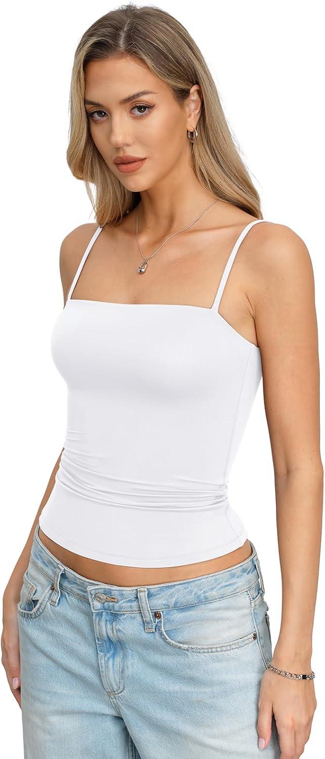 image:imageWomens Double Lined Camisole Square Neck Spaghetti Strap Tank Top Sexy Backless Shirt Fitted Y2K Going Out TopWhite