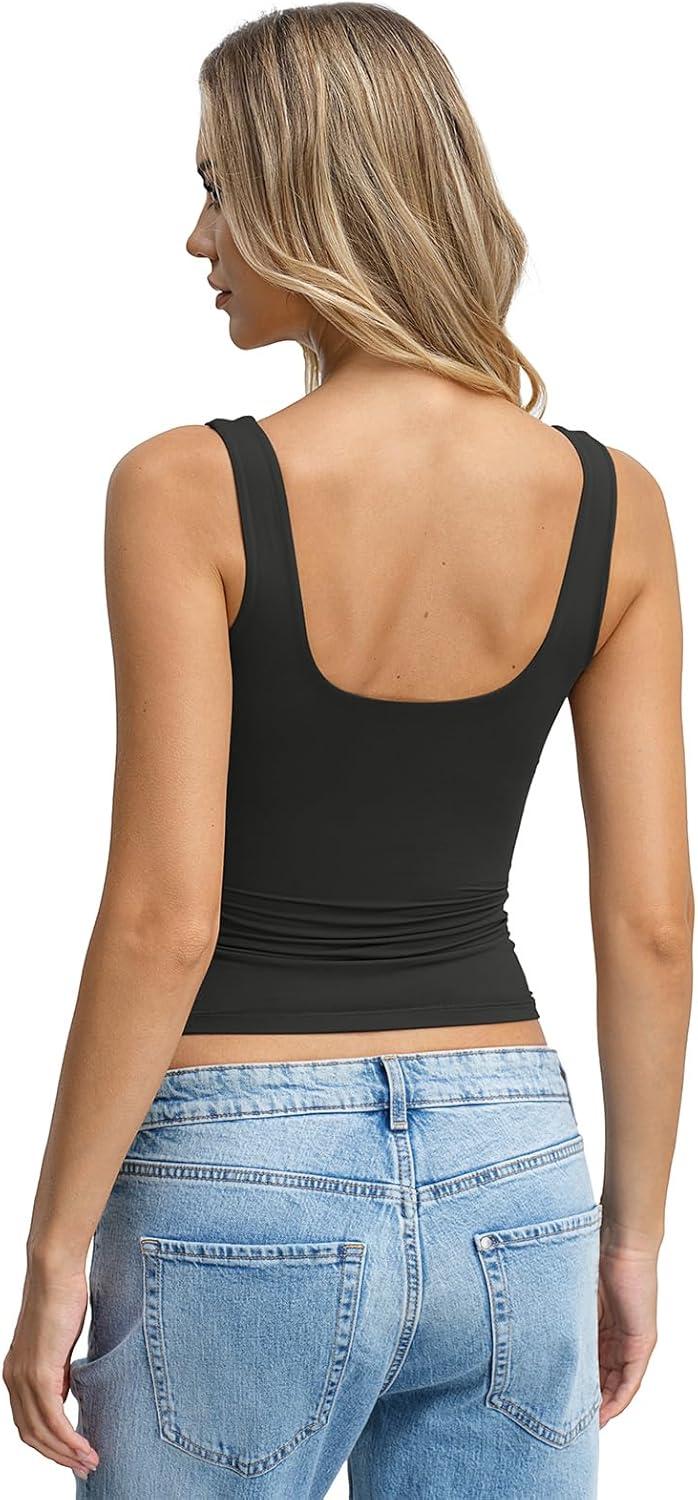 image:imageWomens Padded Double Lined Tank Tops Crop Scoop Neck Sleeveless Tops Fitted Backless Shirts Basic Summer TopsBlack