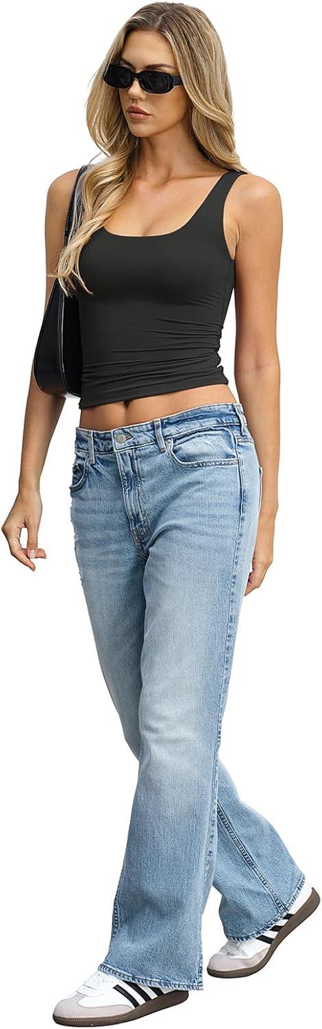 image:imageWomens Padded Double Lined Tank Tops Crop Scoop Neck Sleeveless Tops Fitted Backless Shirts Basic Summer TopsBlack