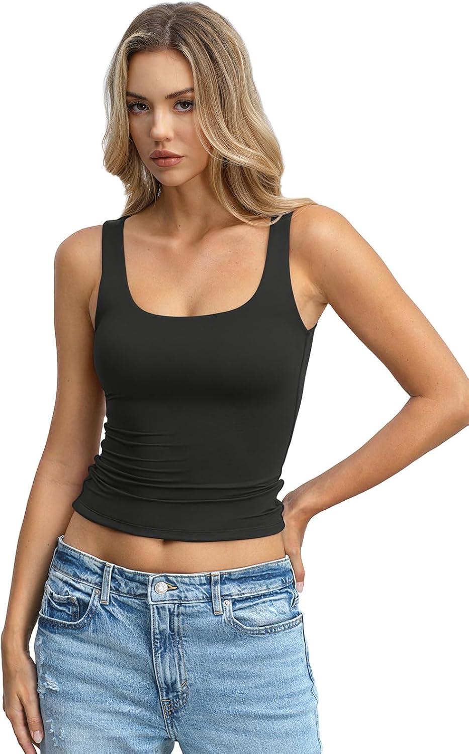 image:imageWomens Padded Double Lined Tank Tops Crop Scoop Neck Sleeveless Tops Fitted Backless Shirts Basic Summer TopsBlack