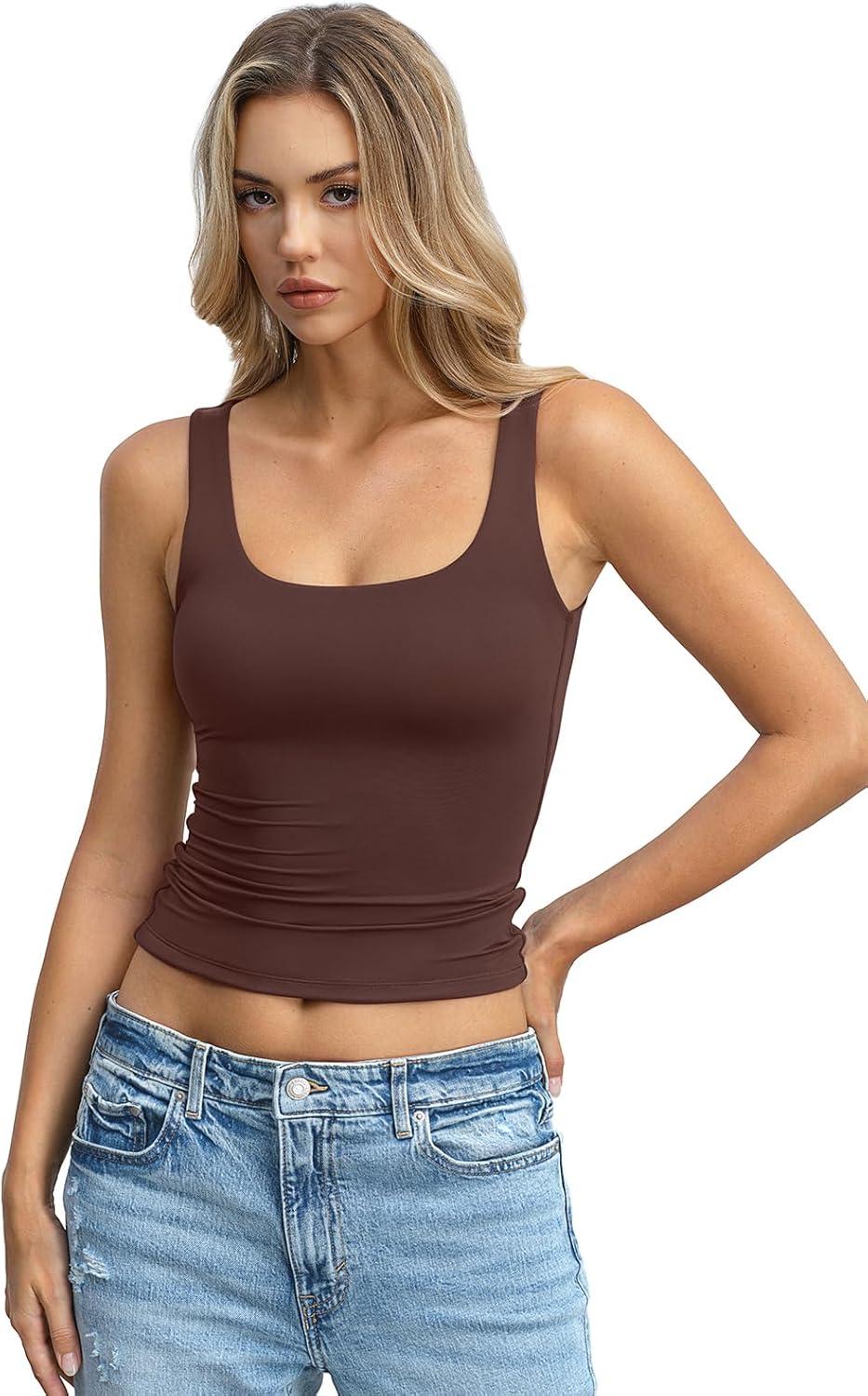 image:imageWomens Padded Double Lined Tank Tops Crop Scoop Neck Sleeveless Tops Fitted Backless Shirts Basic Summer TopsBrown