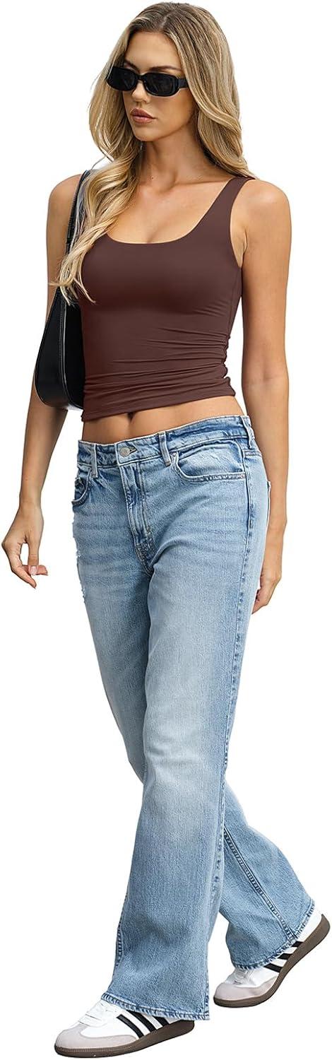 image:imageWomens Padded Double Lined Tank Tops Crop Scoop Neck Sleeveless Tops Fitted Backless Shirts Basic Summer TopsBrown