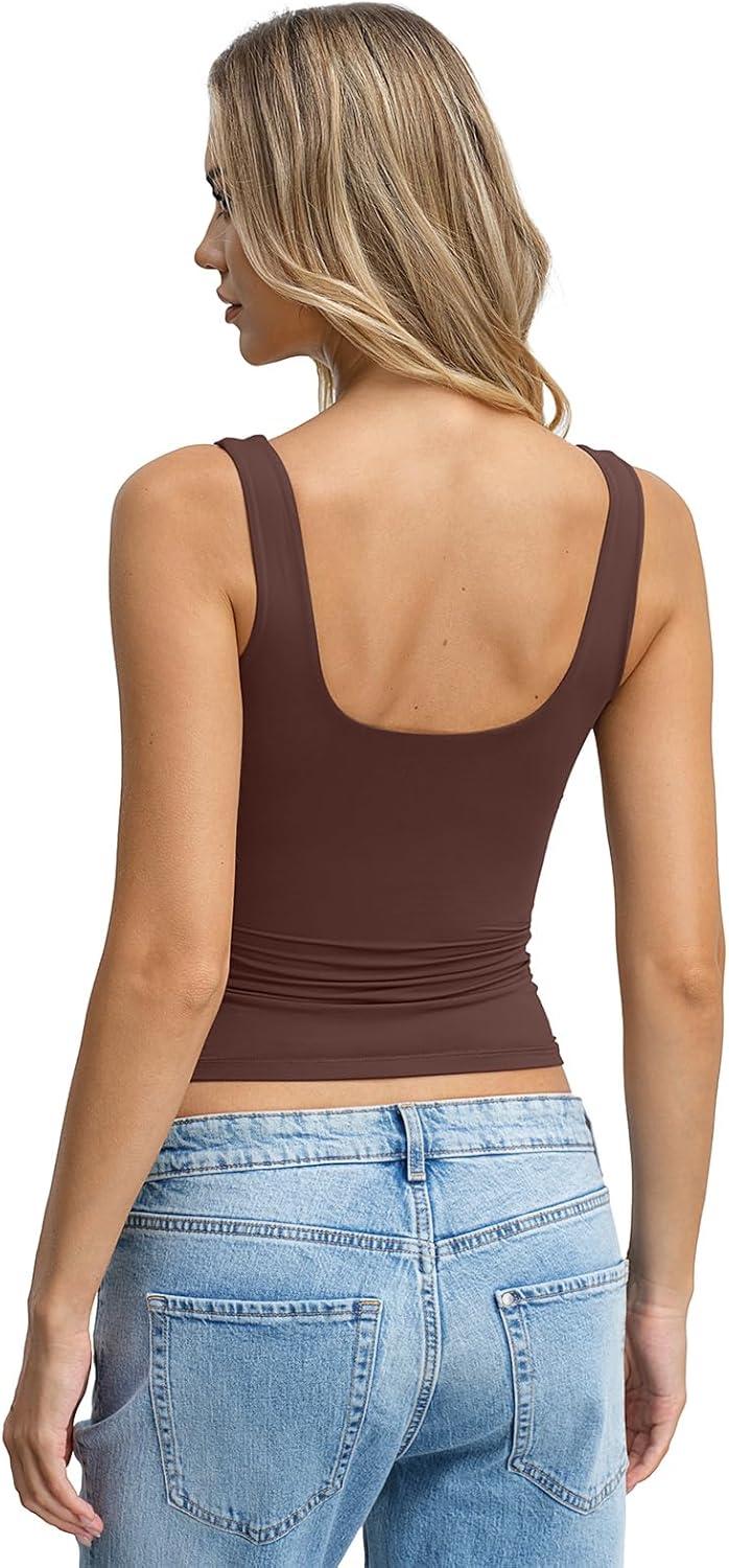 image:imageWomens Padded Double Lined Tank Tops Crop Scoop Neck Sleeveless Tops Fitted Backless Shirts Basic Summer TopsBrown