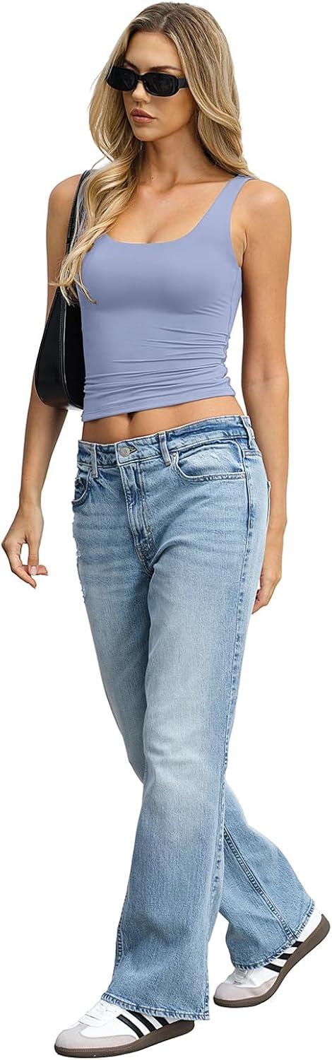image:imageWomens Padded Double Lined Tank Tops Crop Scoop Neck Sleeveless Tops Fitted Backless Shirts Basic Summer TopsLight Blue
