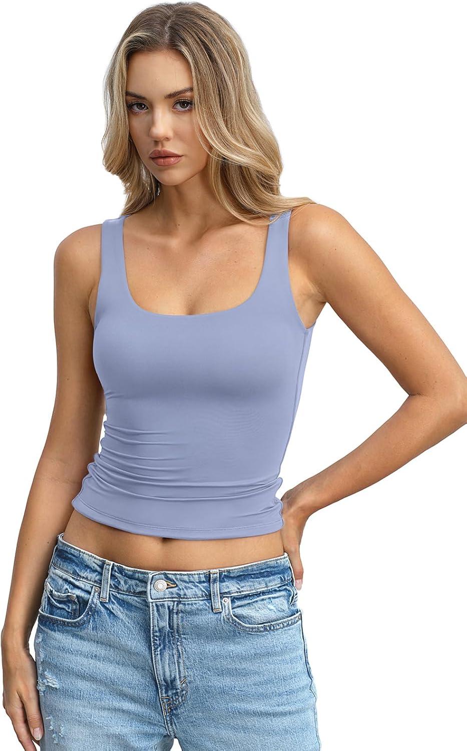 image:imageWomens Padded Double Lined Tank Tops Crop Scoop Neck Sleeveless Tops Fitted Backless Shirts Basic Summer TopsLight Blue