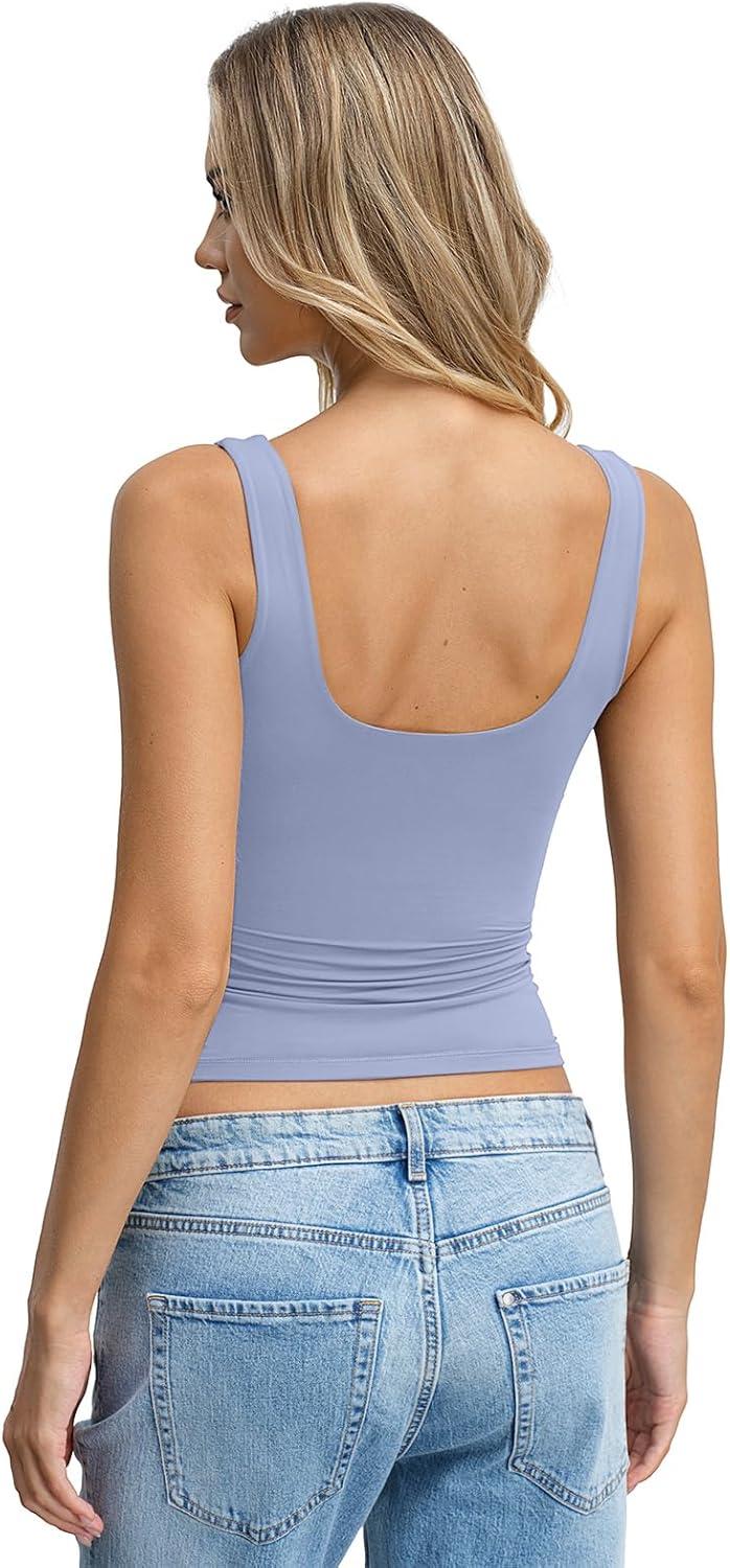 image:imageWomens Padded Double Lined Tank Tops Crop Scoop Neck Sleeveless Tops Fitted Backless Shirts Basic Summer TopsLight Blue