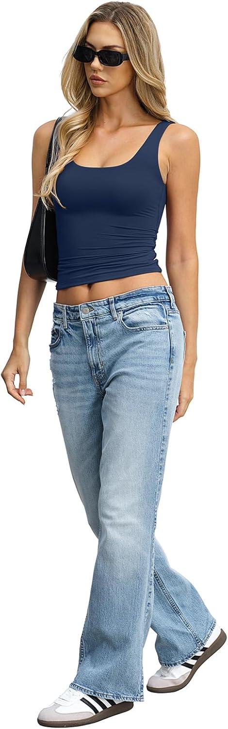 image:imageWomens Padded Double Lined Tank Tops Crop Scoop Neck Sleeveless Tops Fitted Backless Shirts Basic Summer TopsNavy Blue