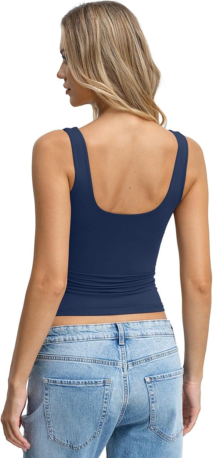 image:imageWomens Padded Double Lined Tank Tops Crop Scoop Neck Sleeveless Tops Fitted Backless Shirts Basic Summer TopsNavy Blue