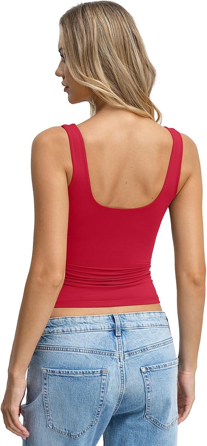 image:imageWomens Padded Double Lined Tank Tops Crop Scoop Neck Sleeveless Tops Fitted Backless Shirts Basic Summer TopsRed