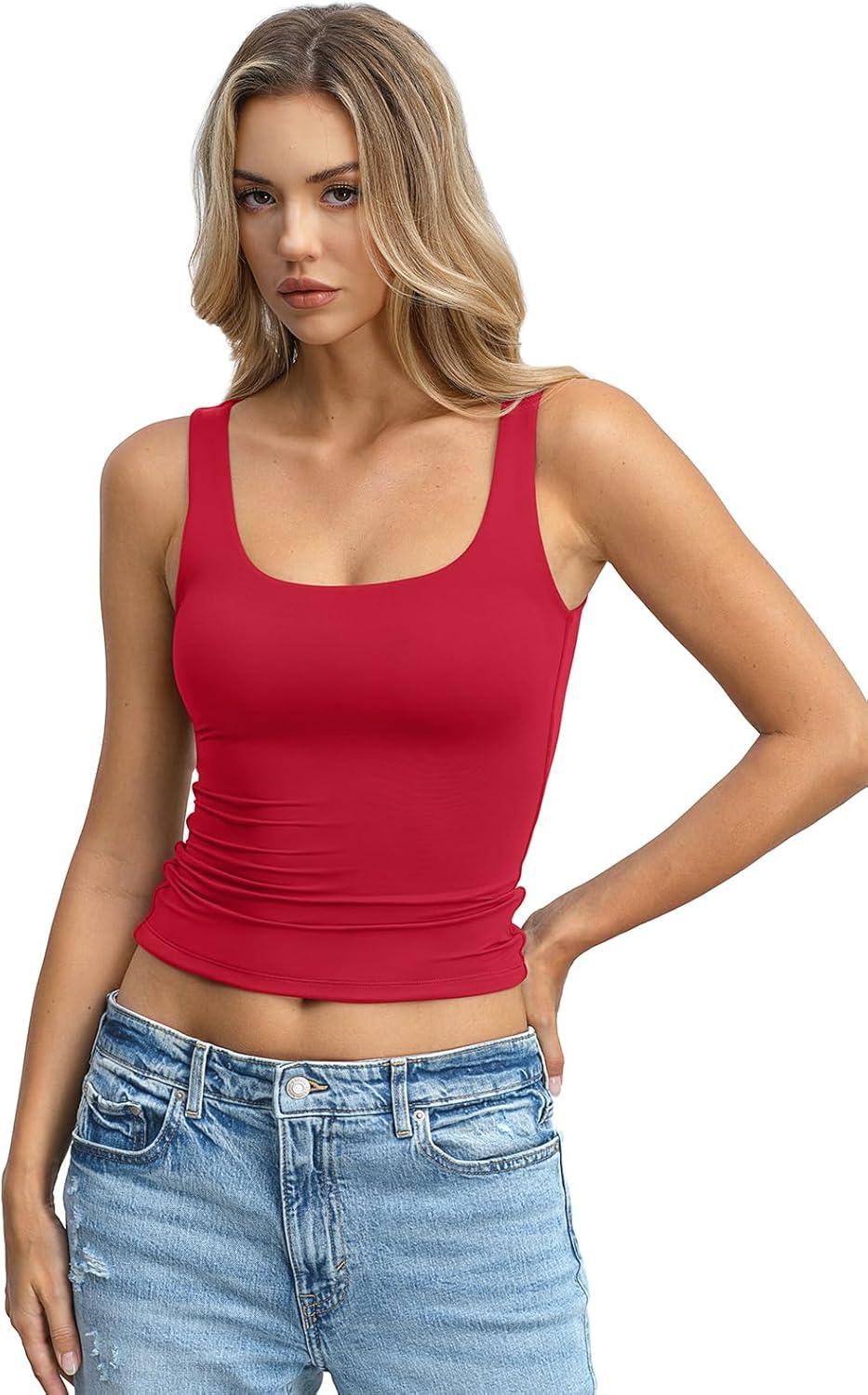 image:imageWomens Padded Double Lined Tank Tops Crop Scoop Neck Sleeveless Tops Fitted Backless Shirts Basic Summer TopsRed