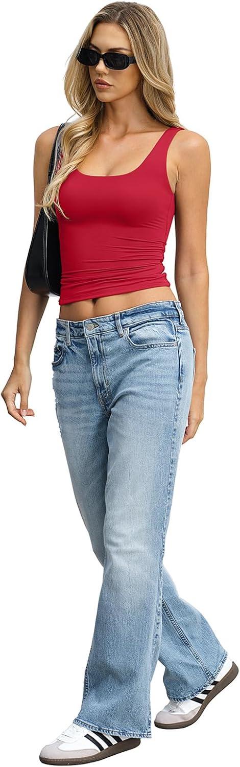 image:imageWomens Padded Double Lined Tank Tops Crop Scoop Neck Sleeveless Tops Fitted Backless Shirts Basic Summer TopsRed