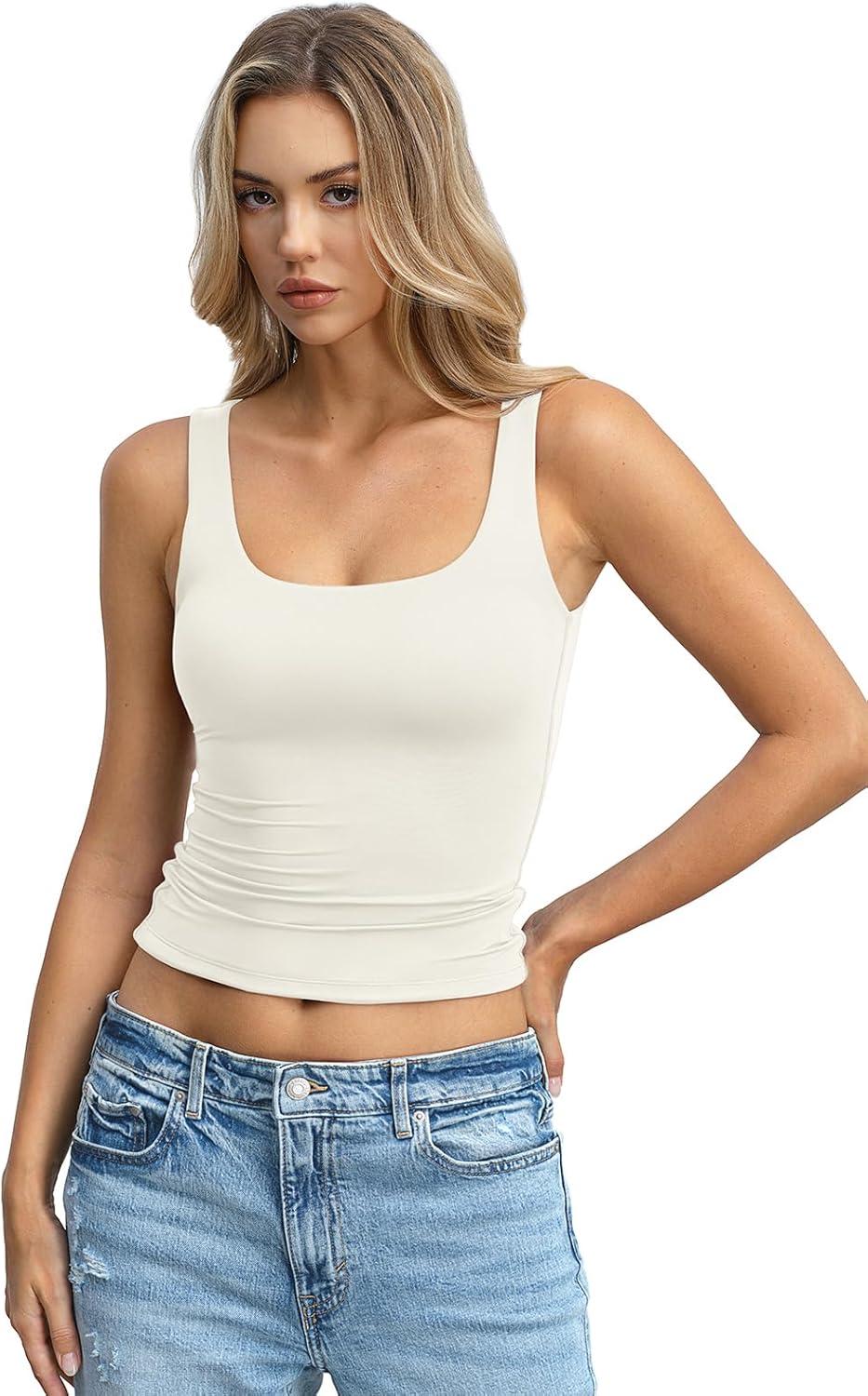 image:imageWomens Padded Double Lined Tank Tops Crop Scoop Neck Sleeveless Tops Fitted Backless Shirts Basic Summer TopsWhite Cream