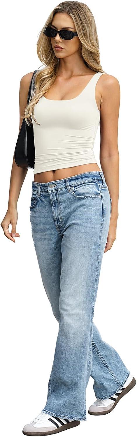 image:imageWomens Padded Double Lined Tank Tops Crop Scoop Neck Sleeveless Tops Fitted Backless Shirts Basic Summer TopsWhite Cream