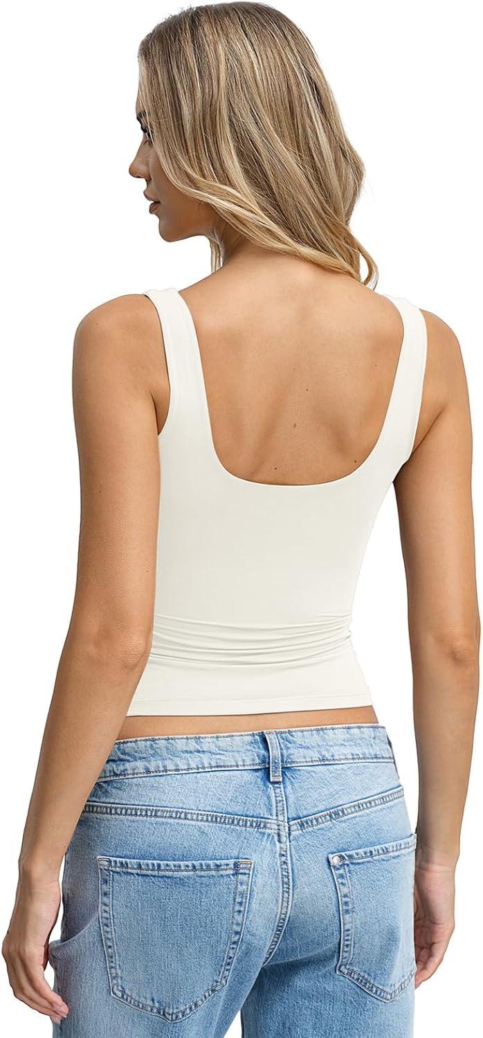 image:imageWomens Padded Double Lined Tank Tops Crop Scoop Neck Sleeveless Tops Fitted Backless Shirts Basic Summer TopsWhite Cream