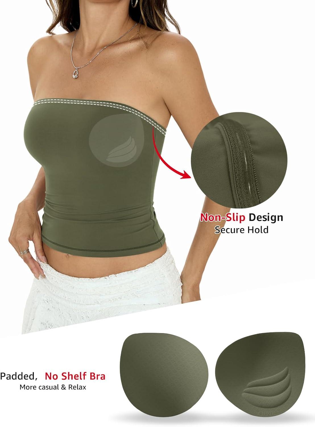 image:imageWomens Padded Double Lined Tube Tops Non Slip Crop Strapless Bandeau Tops Sexy Going Out Tops Y2K Summer OutfitArmy Green