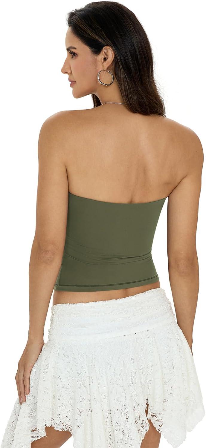 image:imageWomens Padded Double Lined Tube Tops Non Slip Crop Strapless Bandeau Tops Sexy Going Out Tops Y2K Summer OutfitArmy Green