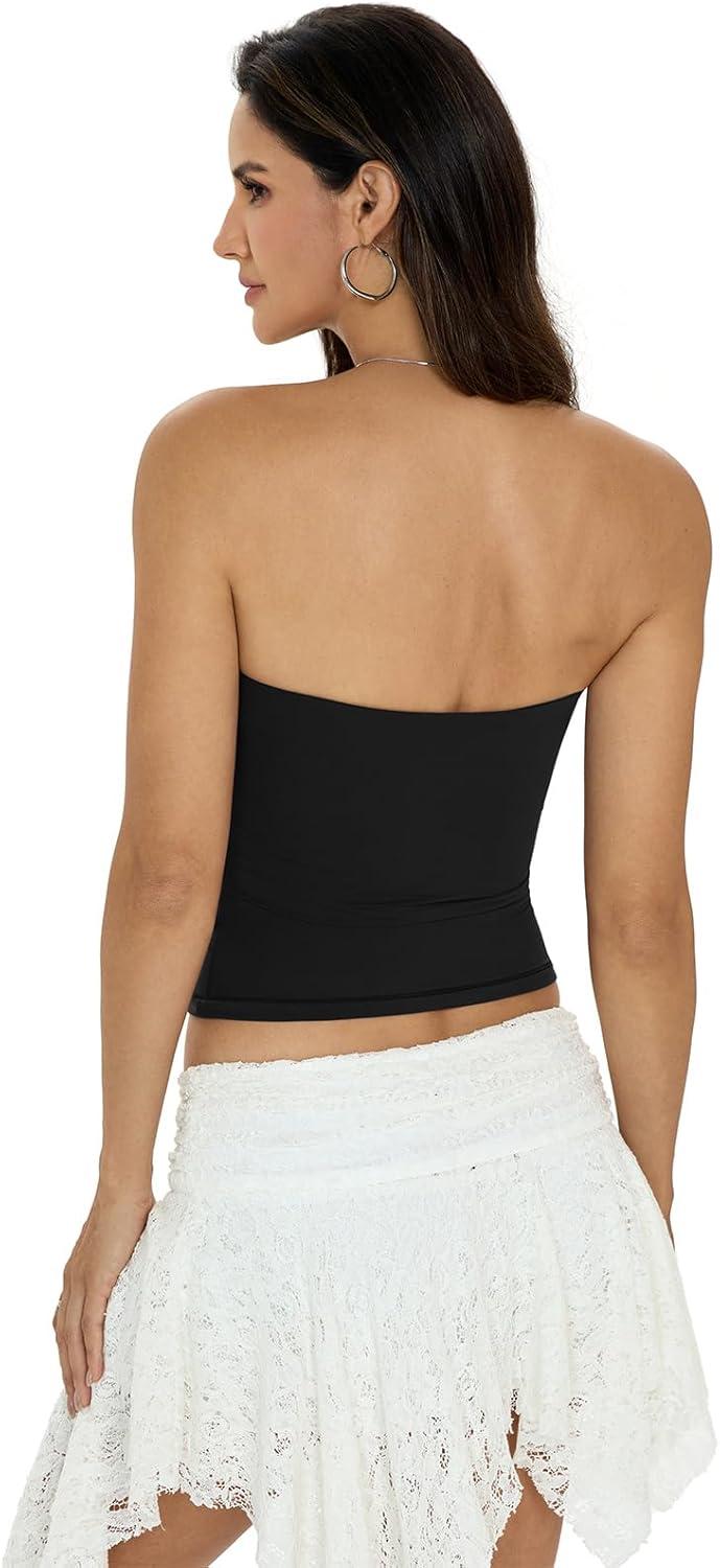 image:imageWomens Padded Double Lined Tube Tops Non Slip Crop Strapless Bandeau Tops Sexy Going Out Tops Y2K Summer OutfitBlack