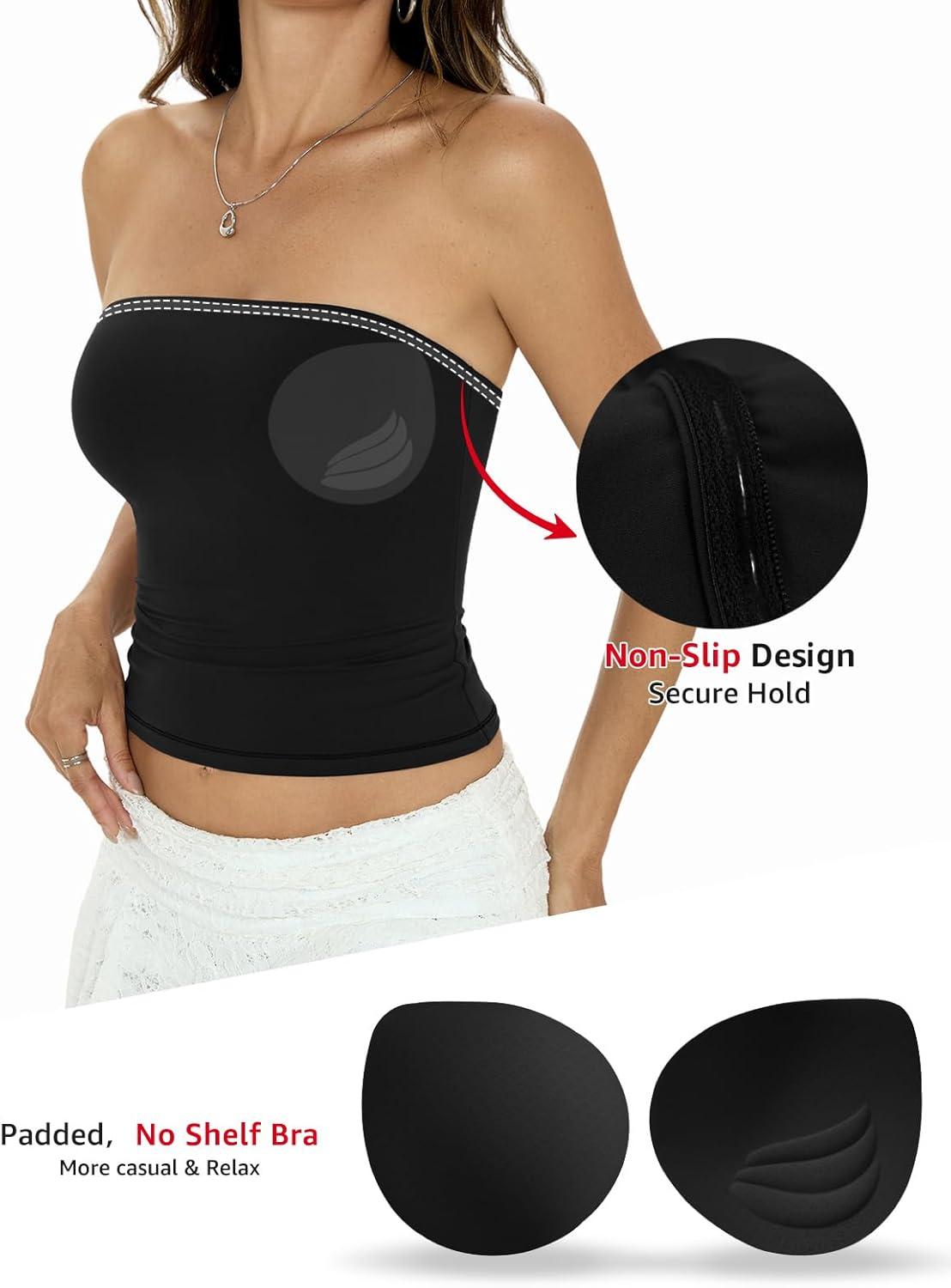 image:imageWomens Padded Double Lined Tube Tops Non Slip Crop Strapless Bandeau Tops Sexy Going Out Tops Y2K Summer OutfitBlack