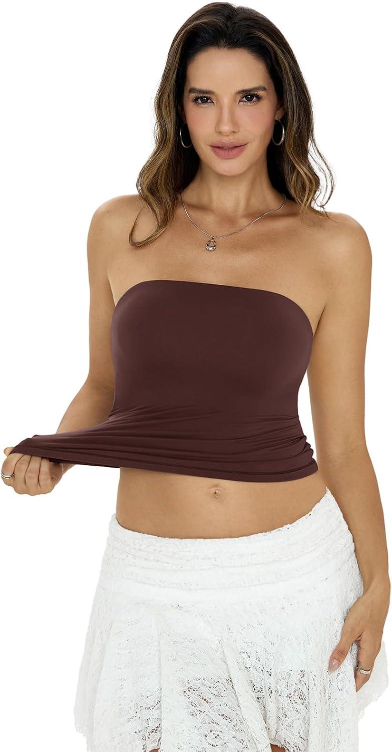 image:imageWomens Padded Double Lined Tube Tops Non Slip Crop Strapless Bandeau Tops Sexy Going Out Tops Y2K Summer OutfitBrown