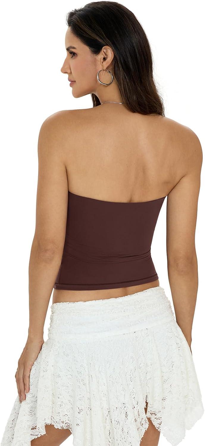 image:imageWomens Padded Double Lined Tube Tops Non Slip Crop Strapless Bandeau Tops Sexy Going Out Tops Y2K Summer OutfitBrown