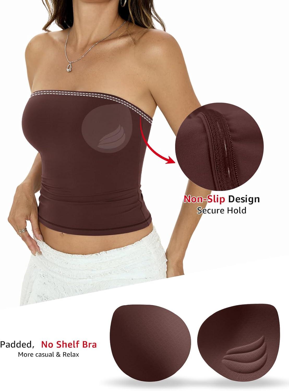 image:imageWomens Padded Double Lined Tube Tops Non Slip Crop Strapless Bandeau Tops Sexy Going Out Tops Y2K Summer OutfitBrown