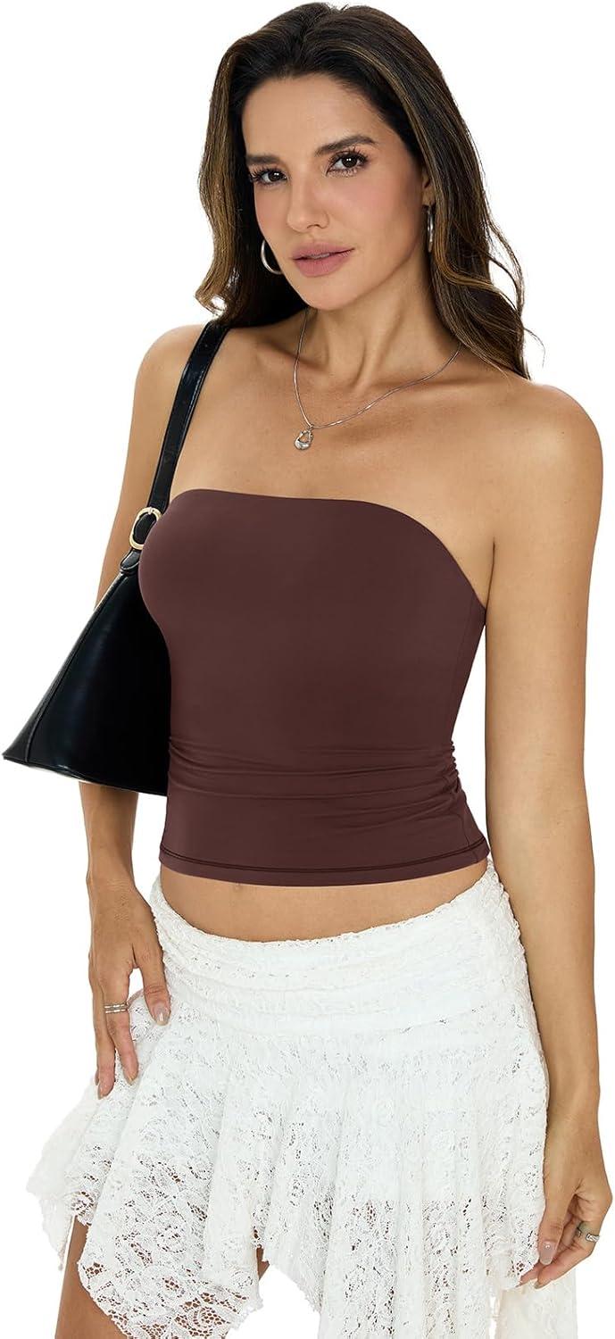 image:imageWomens Padded Double Lined Tube Tops Non Slip Crop Strapless Bandeau Tops Sexy Going Out Tops Y2K Summer OutfitBrown