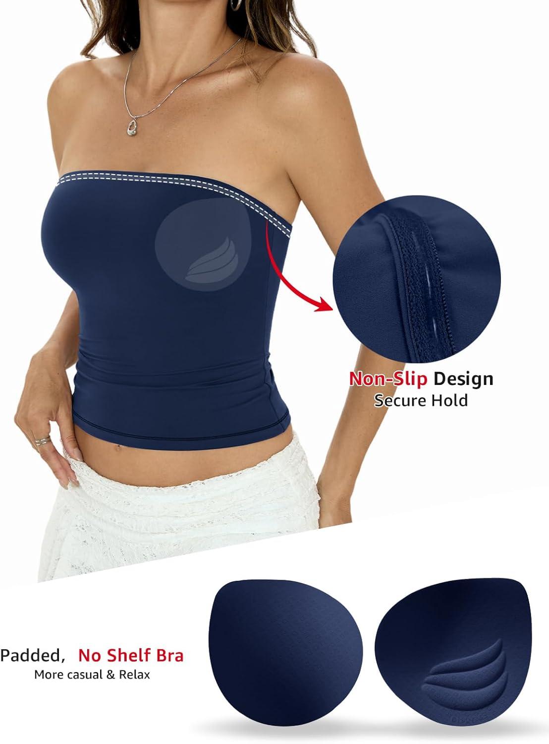 image:imageWomens Padded Double Lined Tube Tops Non Slip Crop Strapless Bandeau Tops Sexy Going Out Tops Y2K Summer OutfitNavy Blue