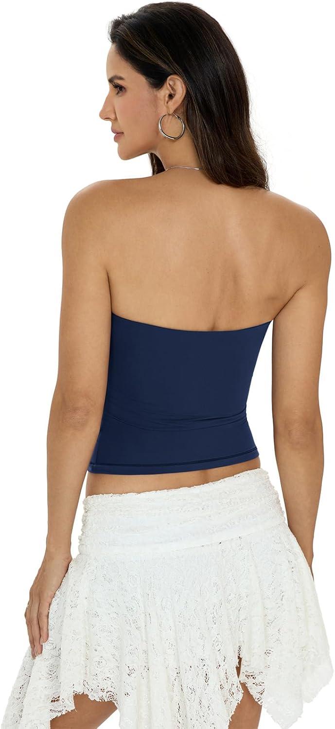 image:imageWomens Padded Double Lined Tube Tops Non Slip Crop Strapless Bandeau Tops Sexy Going Out Tops Y2K Summer OutfitNavy Blue