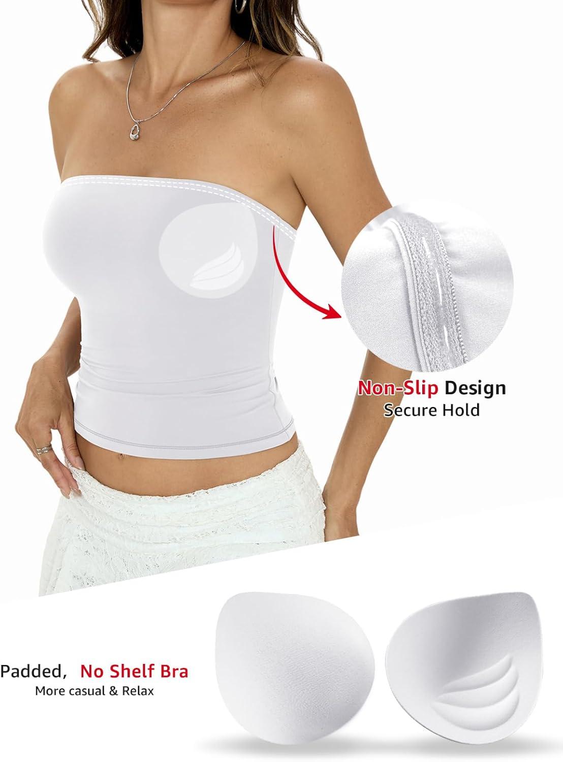 image:imageWomens Padded Double Lined Tube Tops Non Slip Crop Strapless Bandeau Tops Sexy Going Out Tops Y2K Summer OutfitPure White