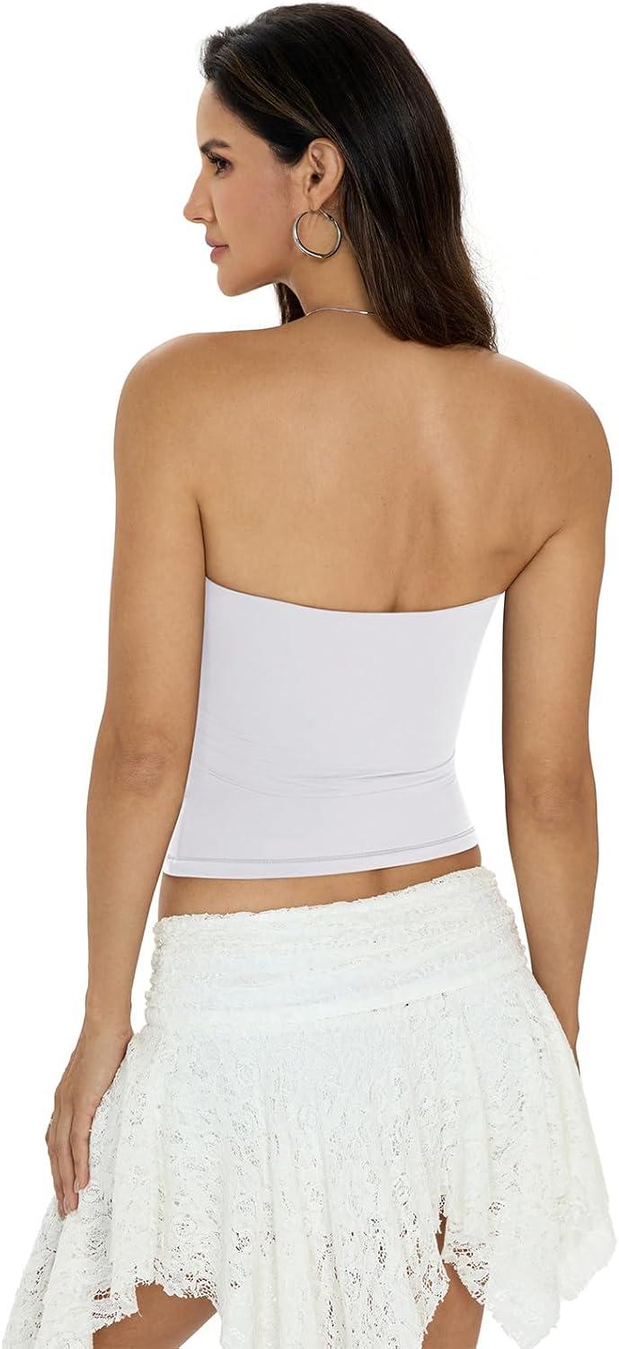 image:imageWomens Padded Double Lined Tube Tops Non Slip Crop Strapless Bandeau Tops Sexy Going Out Tops Y2K Summer OutfitPure White