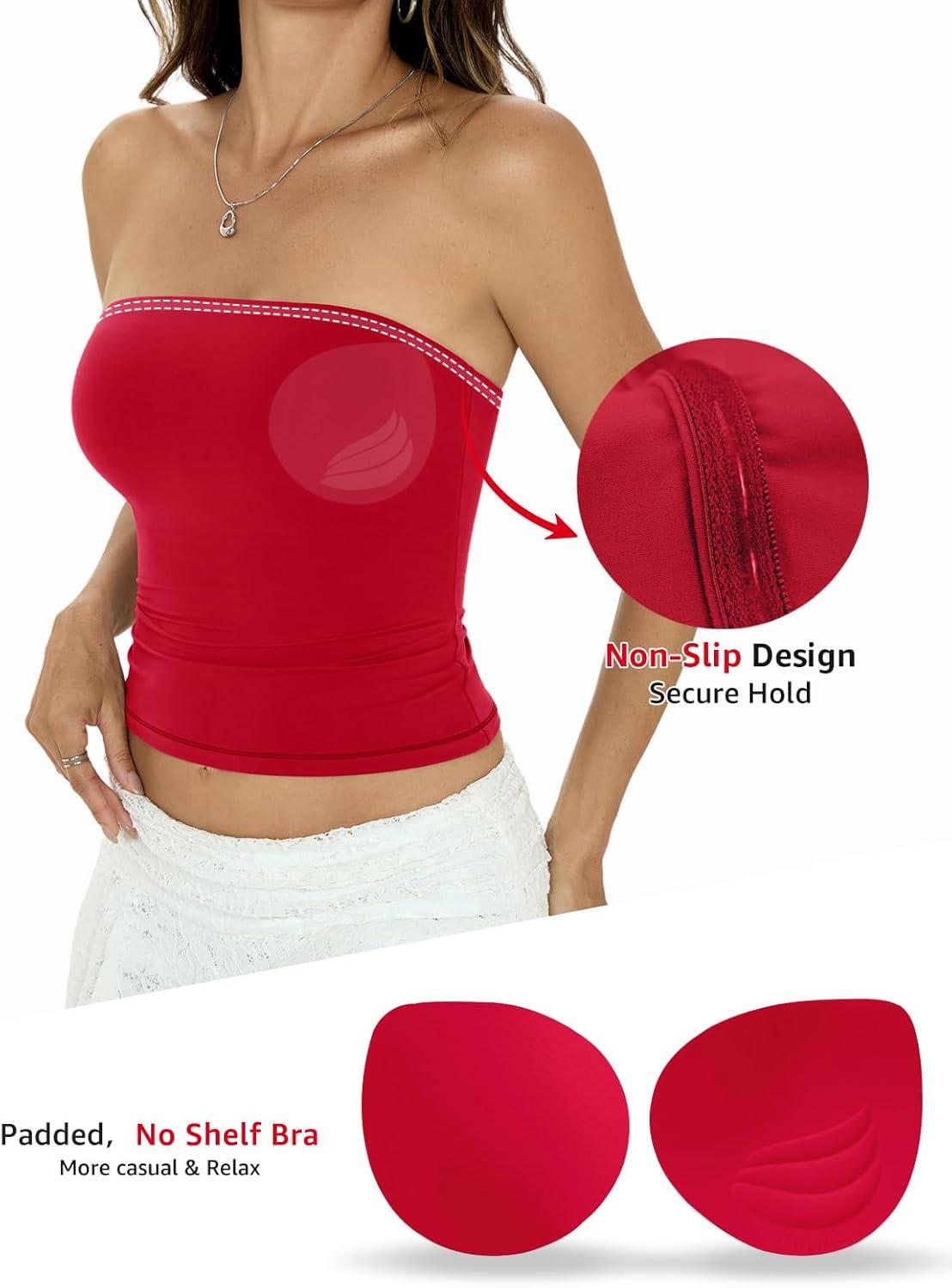 image:imageWomens Padded Double Lined Tube Tops Non Slip Crop Strapless Bandeau Tops Sexy Going Out Tops Y2K Summer OutfitRed