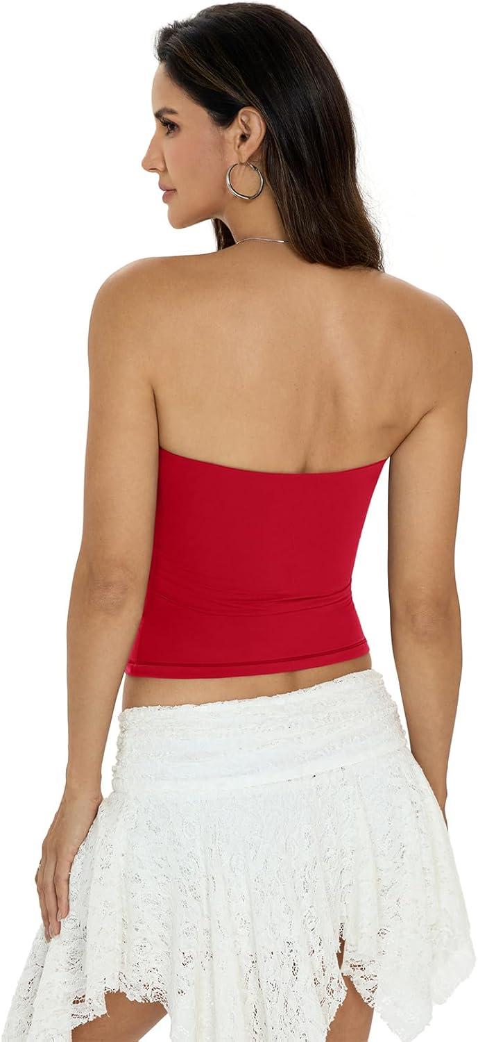 image:imageWomens Padded Double Lined Tube Tops Non Slip Crop Strapless Bandeau Tops Sexy Going Out Tops Y2K Summer OutfitRed