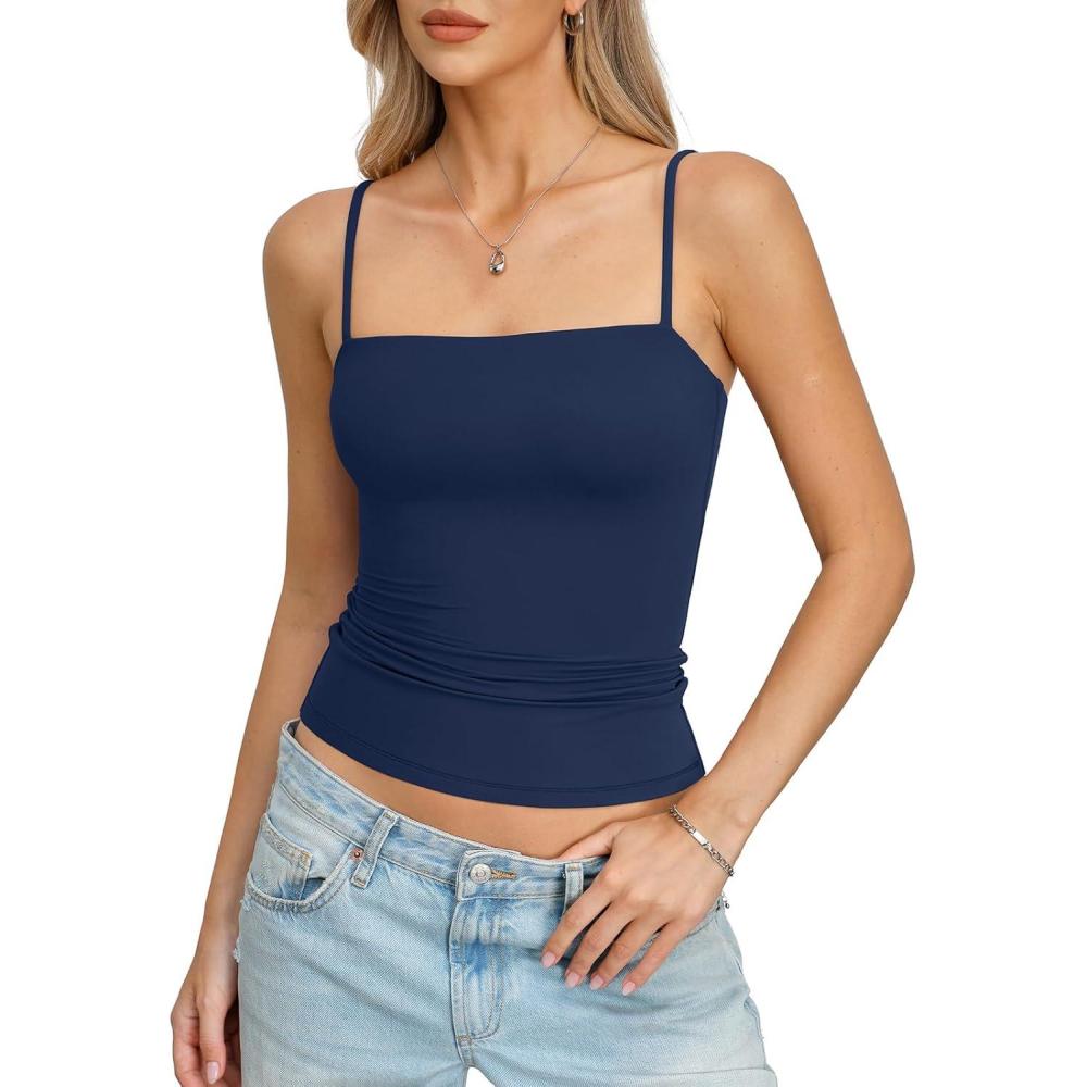 image:imageWomens Double Lined Camisole Square Neck Spaghetti Strap Tank Top Sexy Backless Shirt Fitted Y2K Going Out TopNavy Blue