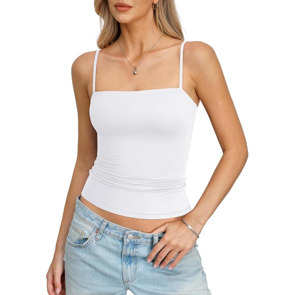 image:imageWomens Double Lined Camisole Square Neck Spaghetti Strap Tank Top Sexy Backless Shirt Fitted Y2K Going Out TopWhite