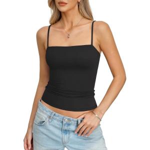 Womens Double Lined Camisole Square Neck Spaghetti Strap Tank Top Sexy Backless Shirt Fitted Y2K Going Out Top(Black)