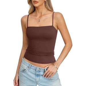 Womens Double Lined Camisole Square Neck Spaghetti Strap Tank Top Sexy Backless Shirt Fitted Y2K Going Out Top(Brown)