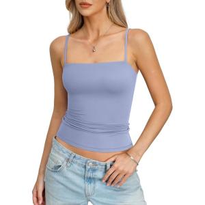 Womens Double Lined Camisole Square Neck Spaghetti Strap Tank Top Sexy Backless Shirt Fitted Y2K Going Out Top(Light Blue)