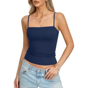 Womens Double Lined Camisole Square Neck Spaghetti Strap Tank Top Sexy Backless Shirt Fitted Y2K Going Out Top(Navy Blue)