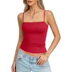 Womens Double Lined Camisole Square Neck Spaghetti Strap Tank Top Sexy Backless Shirt Fitted Y2K Going Out Top(Red)