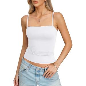 Womens Double Lined Camisole Square Neck Spaghetti Strap Tank Top Sexy Backless Shirt Fitted Y2K Going Out Top(White)