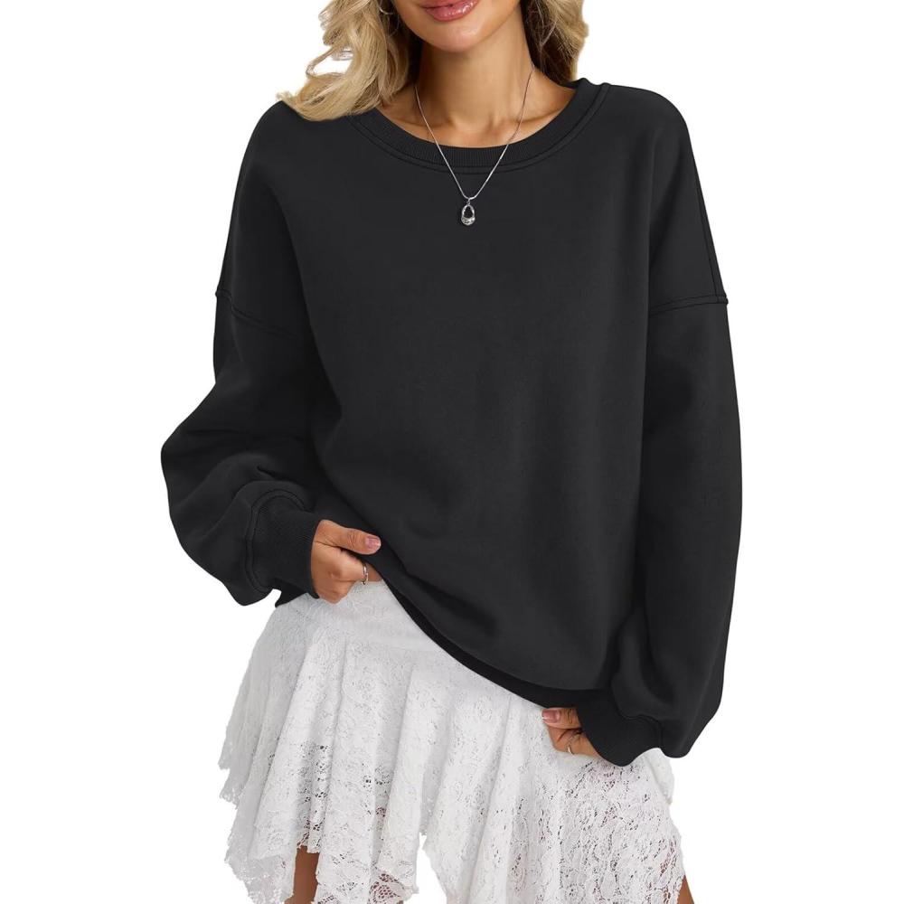 image:imageWomen Fleece Sweatshirts Oversized Crewneck Pullover Trendy Long Sleeve Tops Fashion Fall Outfits Clothes 2026Black